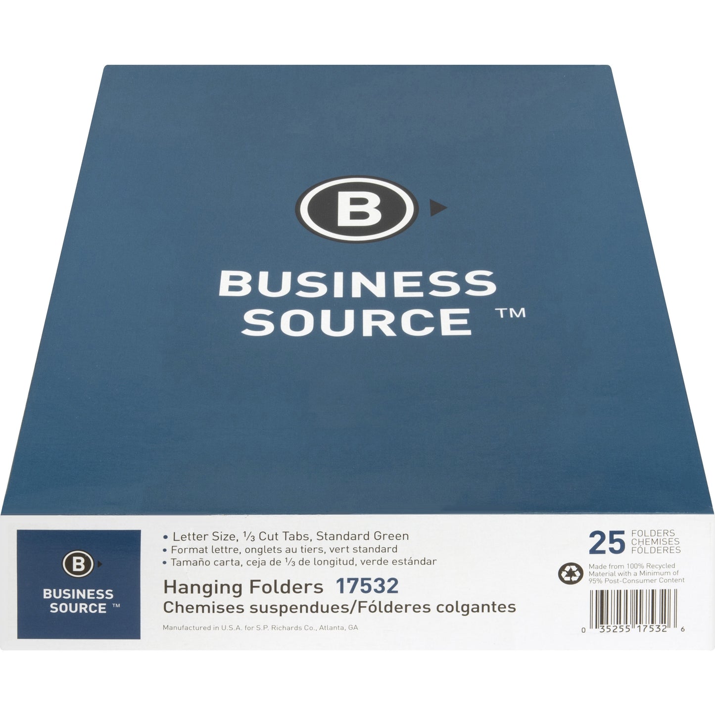Business Source 1/3 Tab Cut Letter Recycled Hanging Folder (17532)