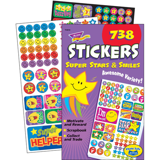 TREND Sticker Assortment Pack, Super Smiles and Stars, Assorted Colors, 738 Stickers/Pad (T5010)