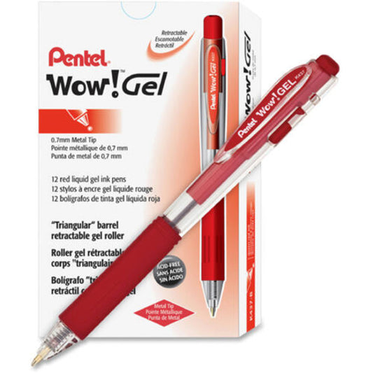 Pentel WOW! Gel Pen, Retractable, Medium 0.7 mm, Red Ink, Clear/Red Barrel, Dozen (K437B)