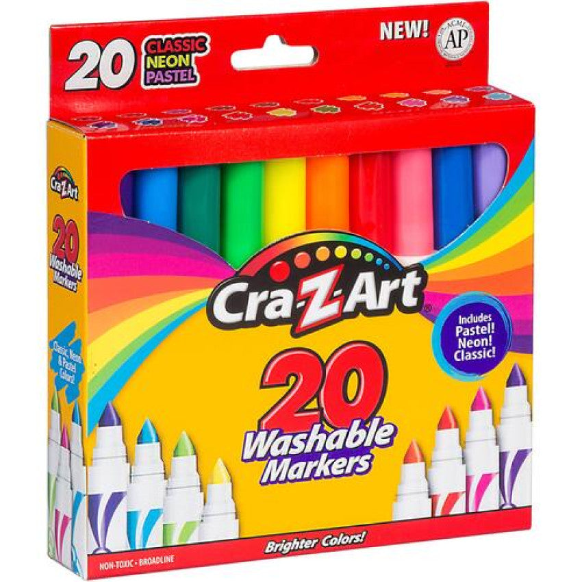 Cra-Z-Art Washable Markers, Broad Bullet Tip, Assorted Classic/Neon/Pastel Colors, 20/Set (44402WM20)