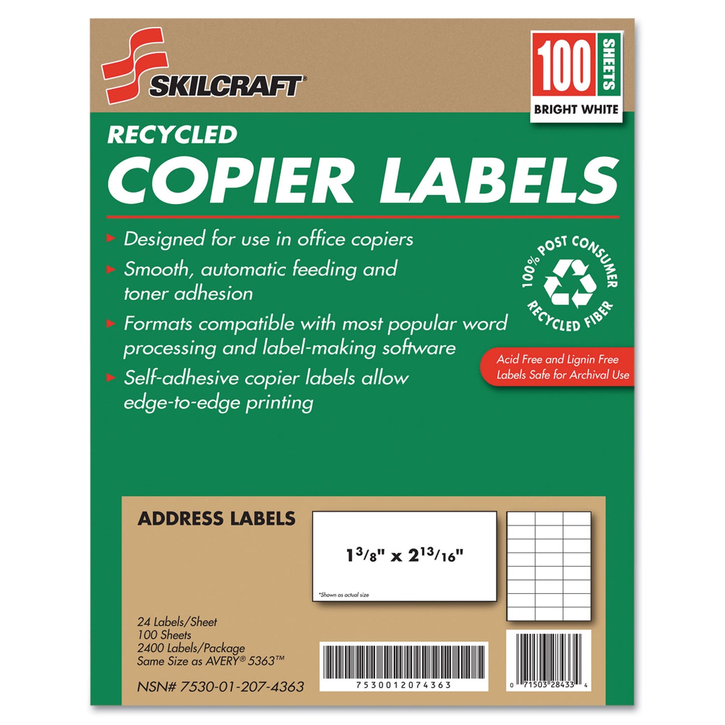 AbilityOne 7530012074363, SKILCRAFT Recycled Copier Labels, Copiers, 1.38 x 2.81, White, 24/Sheet, 100 Sheets/Box