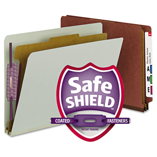 Smead End Tab Pressboard Classification Folders, Four SafeSHIELD Fasteners, 2" Expansion, 1 Divider, Letter Size, Red, 10/Box (26855)