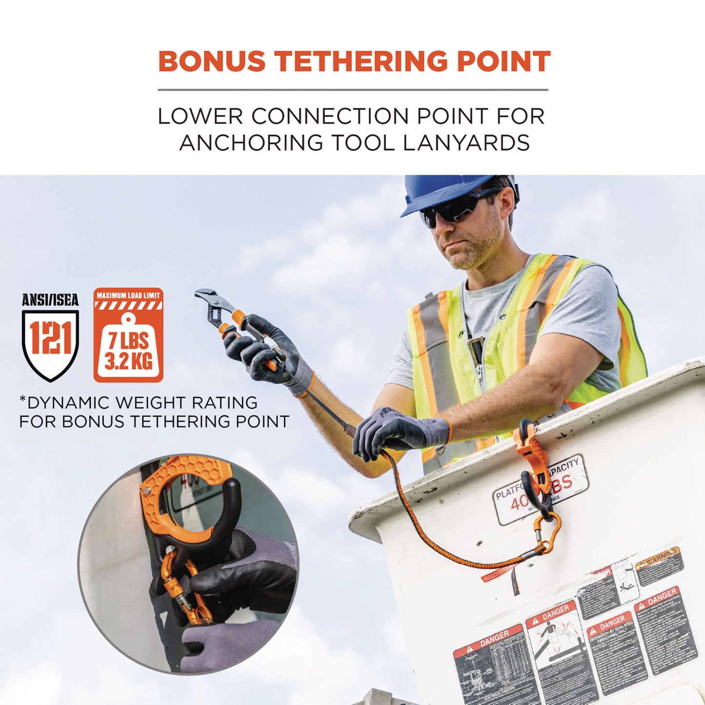 ergodyne Squids 3178 Locking Aerial Bucket Hook, Tethering Point, 9.06 x 7.09 x 2.17, Black/Orange, Supports 40 lbs (19179)