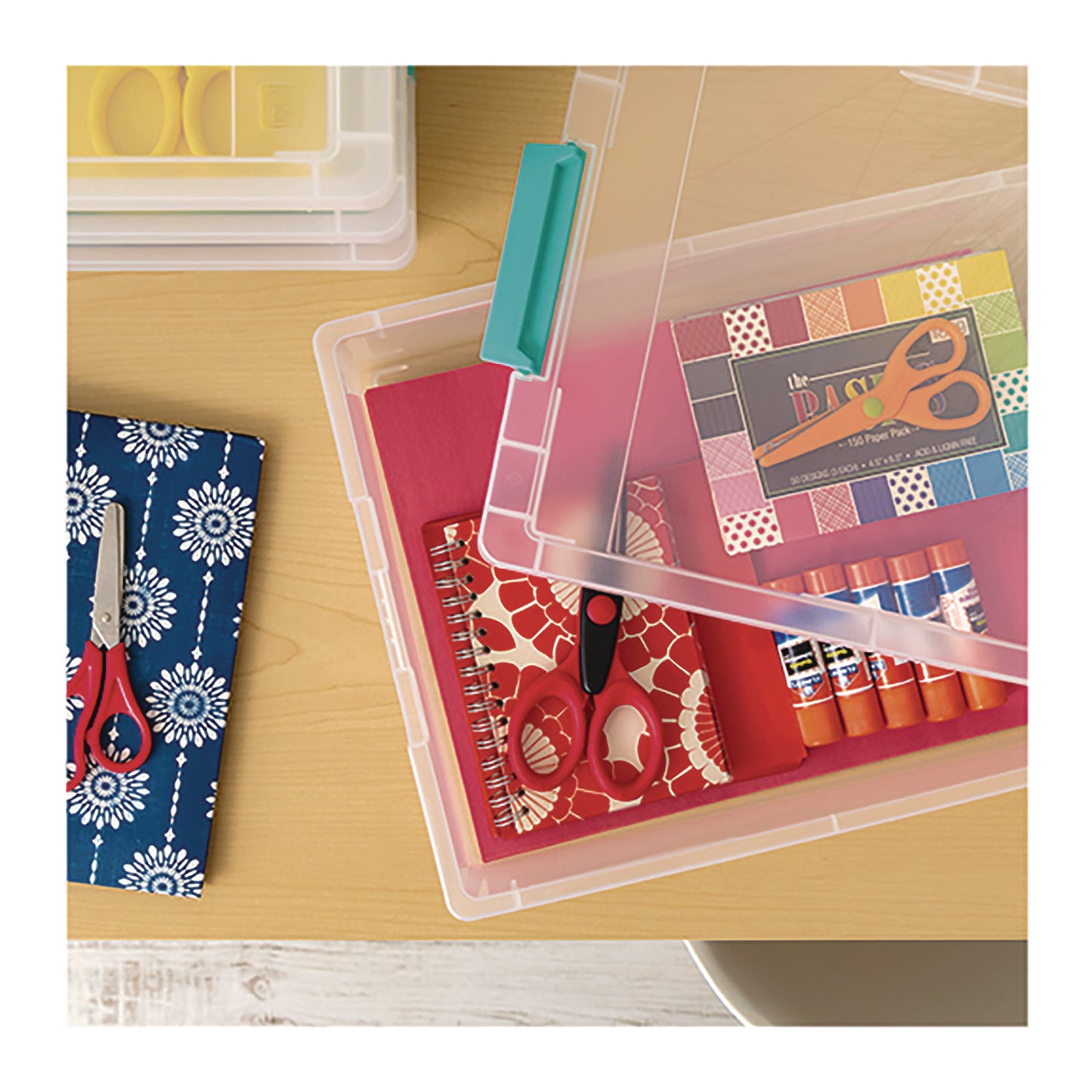 Iris Latch Lid Storage Box, 2.3 gal, 14 x 11 x 3.5, Clear Bin/Seafoam Latches (301158)