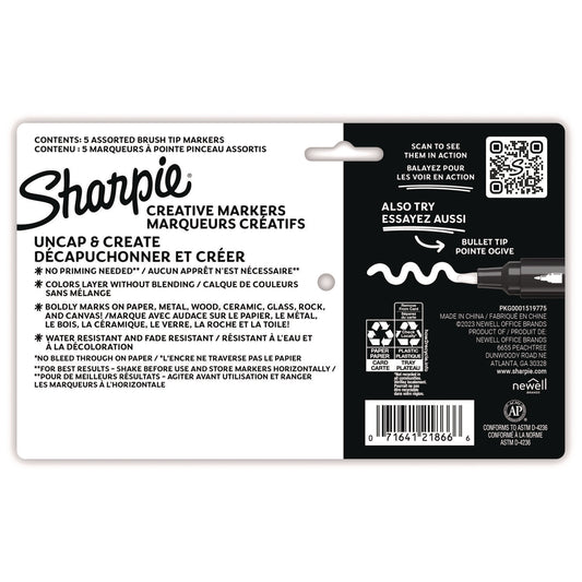 Sharpie Creative Markers, Fine Brush Tip, Assorted Colors, 5/Pack (2196904)