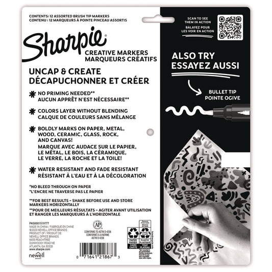 Sharpie Creative Markers, Fine Brush Tip, Assorted Colors, 12/Pack (2196907)