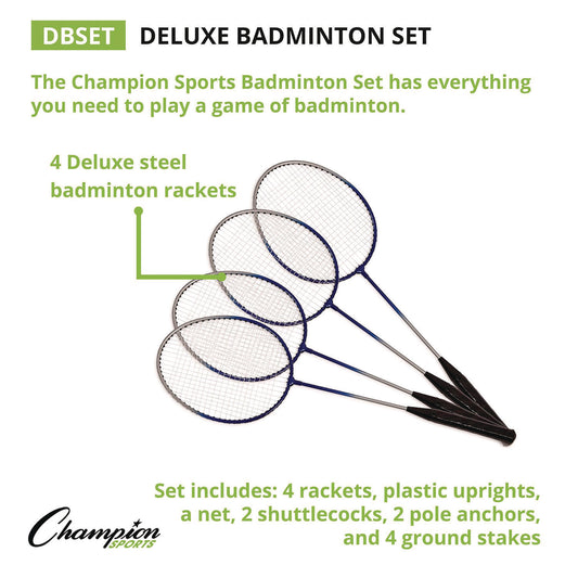 Champion Sports Deluxe Badminton Set, 20 ft Net with 4 Rackets, 2 Shuttlecocks (DBSET)