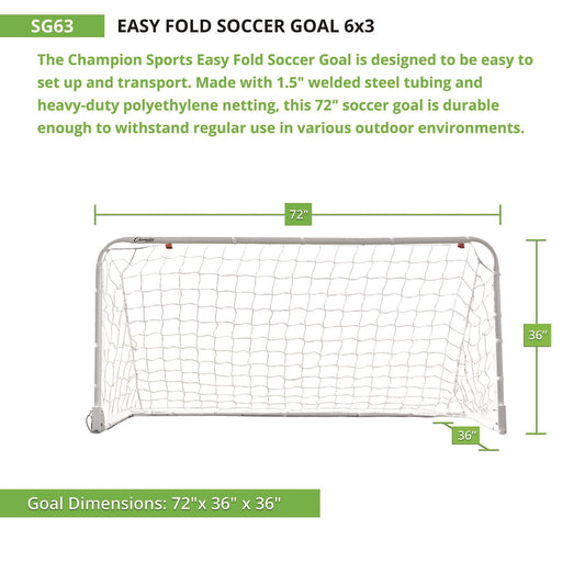 Champion Sports Easy Fold Soccer Goal, 6 ft x 3 ft, 1.25" dia Frame (SG63)