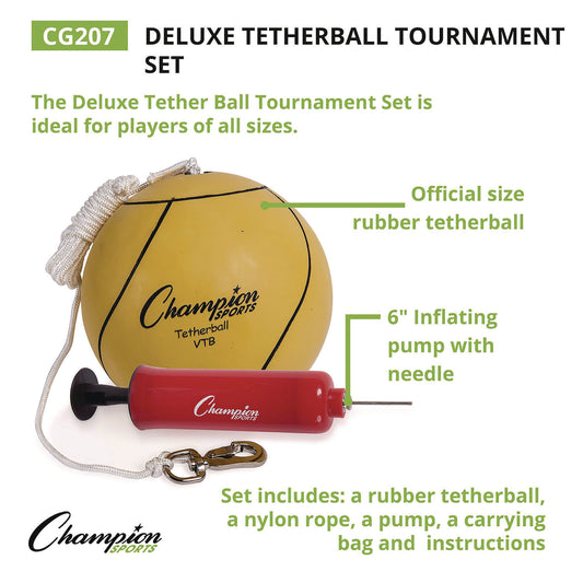 Champion Sports Deluxe Tetherball Tournament Set, Ball/24" Telescopic Poles/102" Cord/Carry Case/Pump/Needle (CG207)