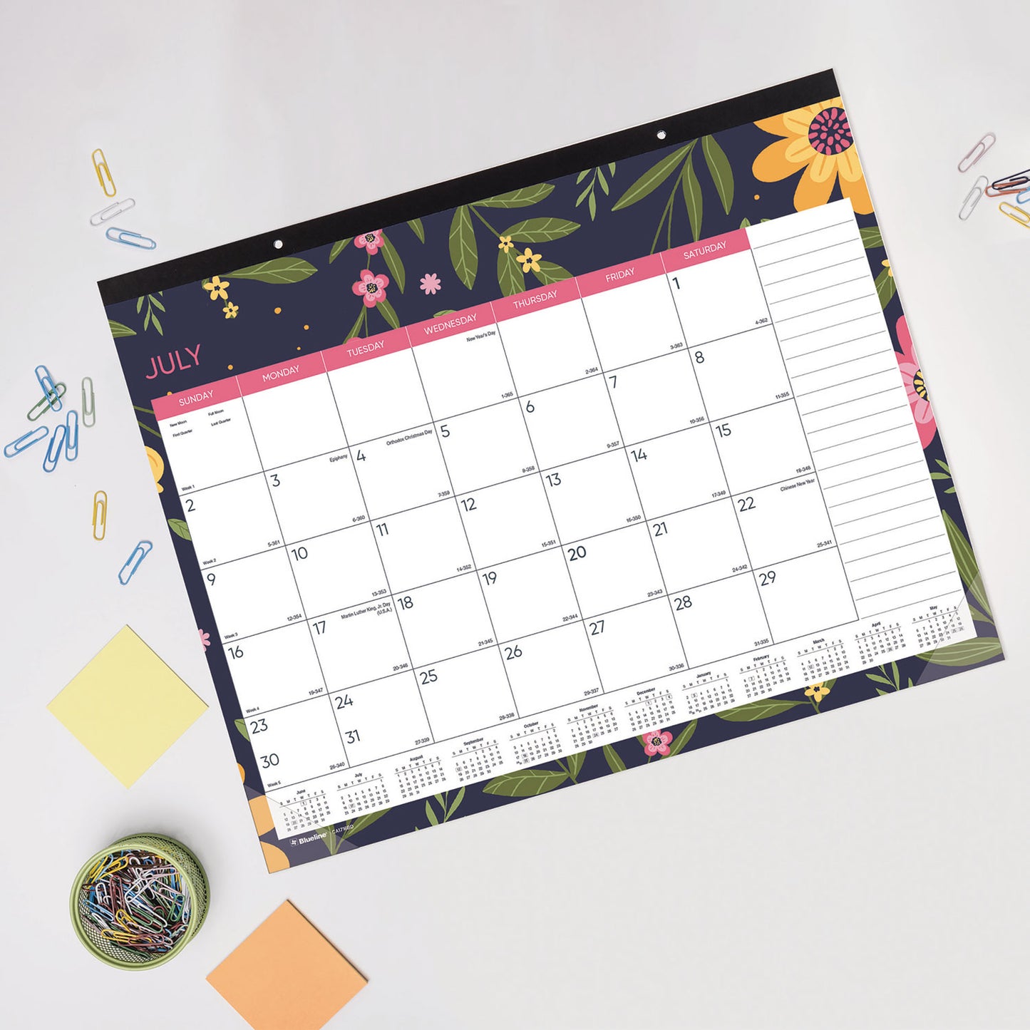 Blueline Academic 18-Month Desk Pad Calendar, 22 x 17, White/Multicolor Sheets, Black Headband, 18-Month (July to Dec): 2024 to 2025 (CA1716BD)