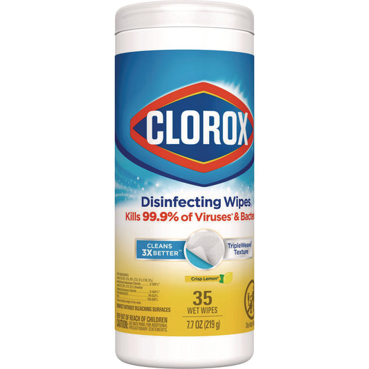 Clorox Disinfecting Wipes, 1-Ply, 7 x 8, Crisp Lemon, White, 35/Canister (01594EA)