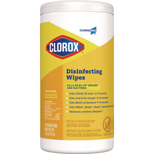 Clorox Disinfecting Wipes, 1-Ply, 7 x 8, Lemon Fresh, White, 75/Canister, 6/Carton (15948CT)