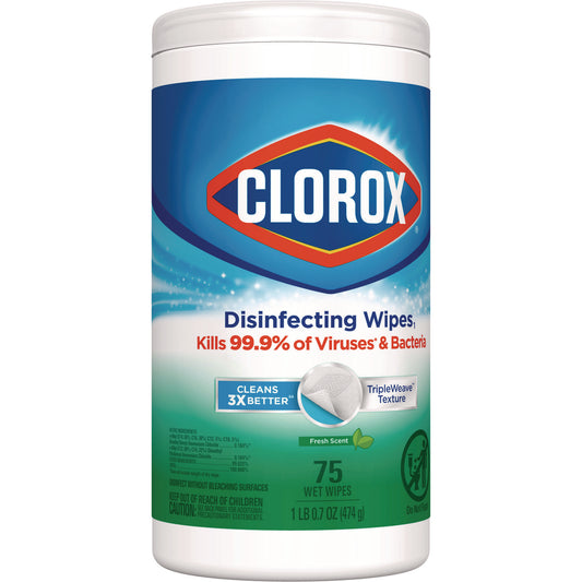 Clorox Disinfecting Wipes, 1-Ply, 7 x 8, Fresh Scent, White, 75/Canister, 6 Canisters/Carton (01656)