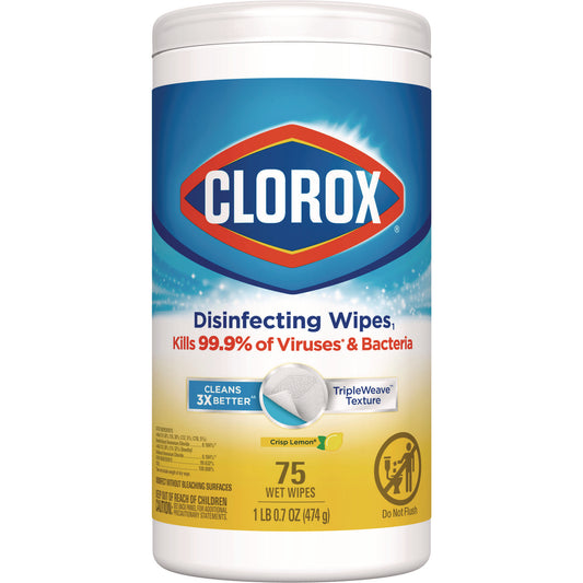 Clorox Disinfecting Wipes, 1-Ply, 7 x 7.75, Crisp Lemon, White, 75/Canister, 6 Canisters/Carton (01628)