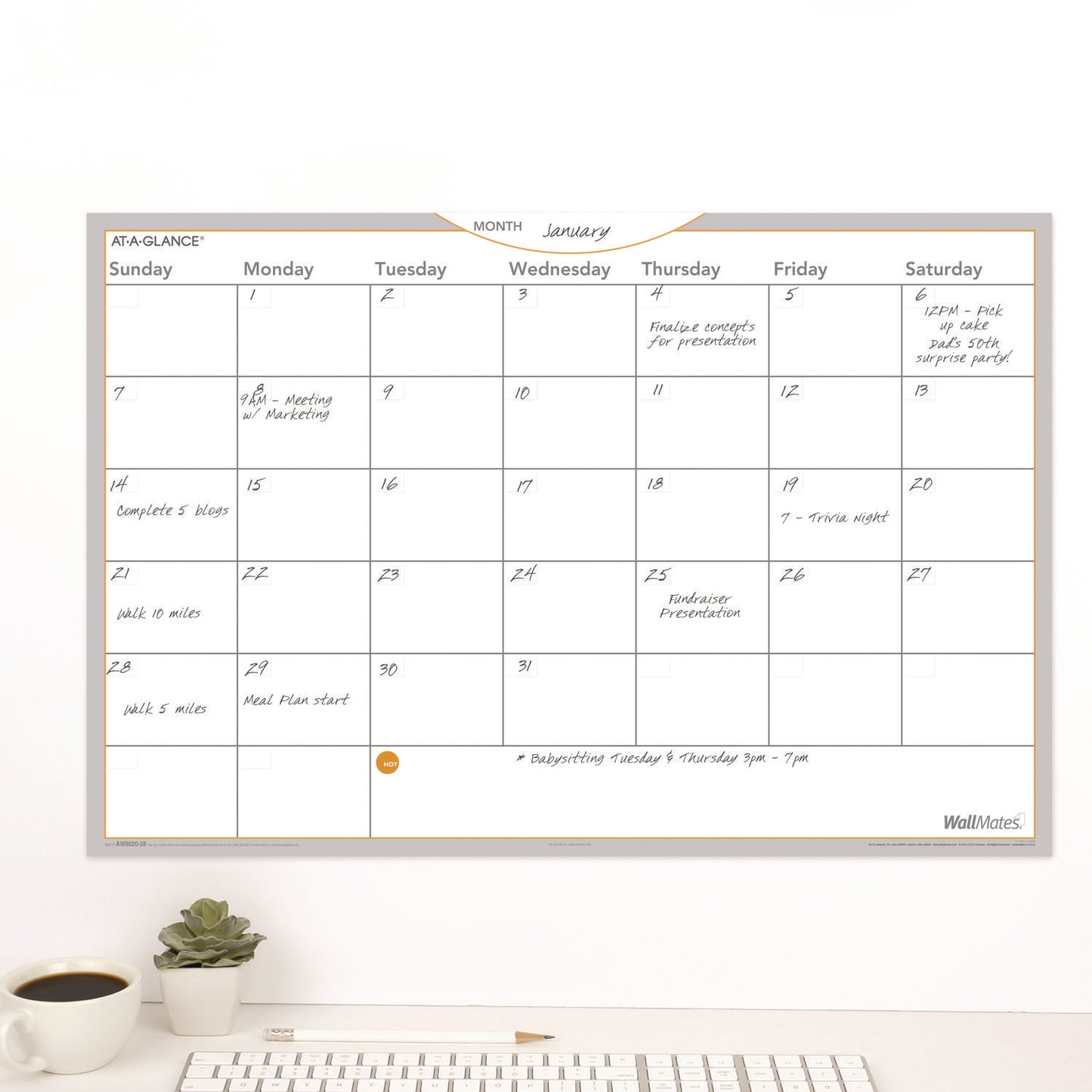 AT-A-GLANCE WallMates Self-Adhesive Dry Erase Monthly Planning Surfaces, 18 x 12, White/Gray/Orange Sheets, Undated (AW402028)