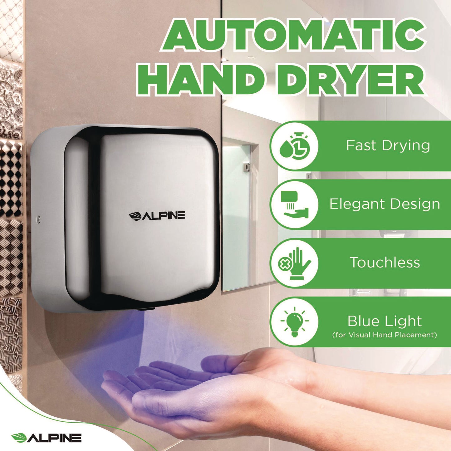Alpine Hemlock Commercial Automatic 120V Hand Dryer, 6.68 x 11.41 x 12.31, Stainless Steel, Chrome (ALP40010CHR)