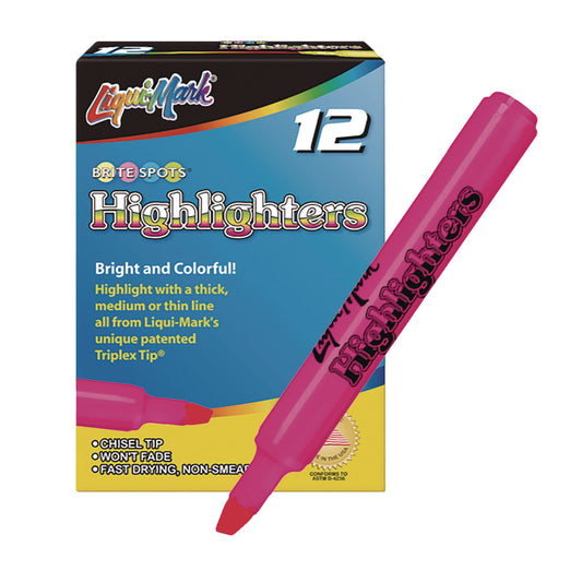 Liqui-Mark Tank Fluorescent Highlighter, Pink Ink, Chisel Tip, Pink Barrel, Dozen (60622)