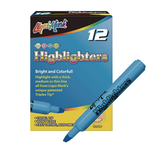 Liqui-Mark Tank Fluorescent Highlighter, Blue Ink, Chisel Tip, Blue Barrel, Dozen (60823)