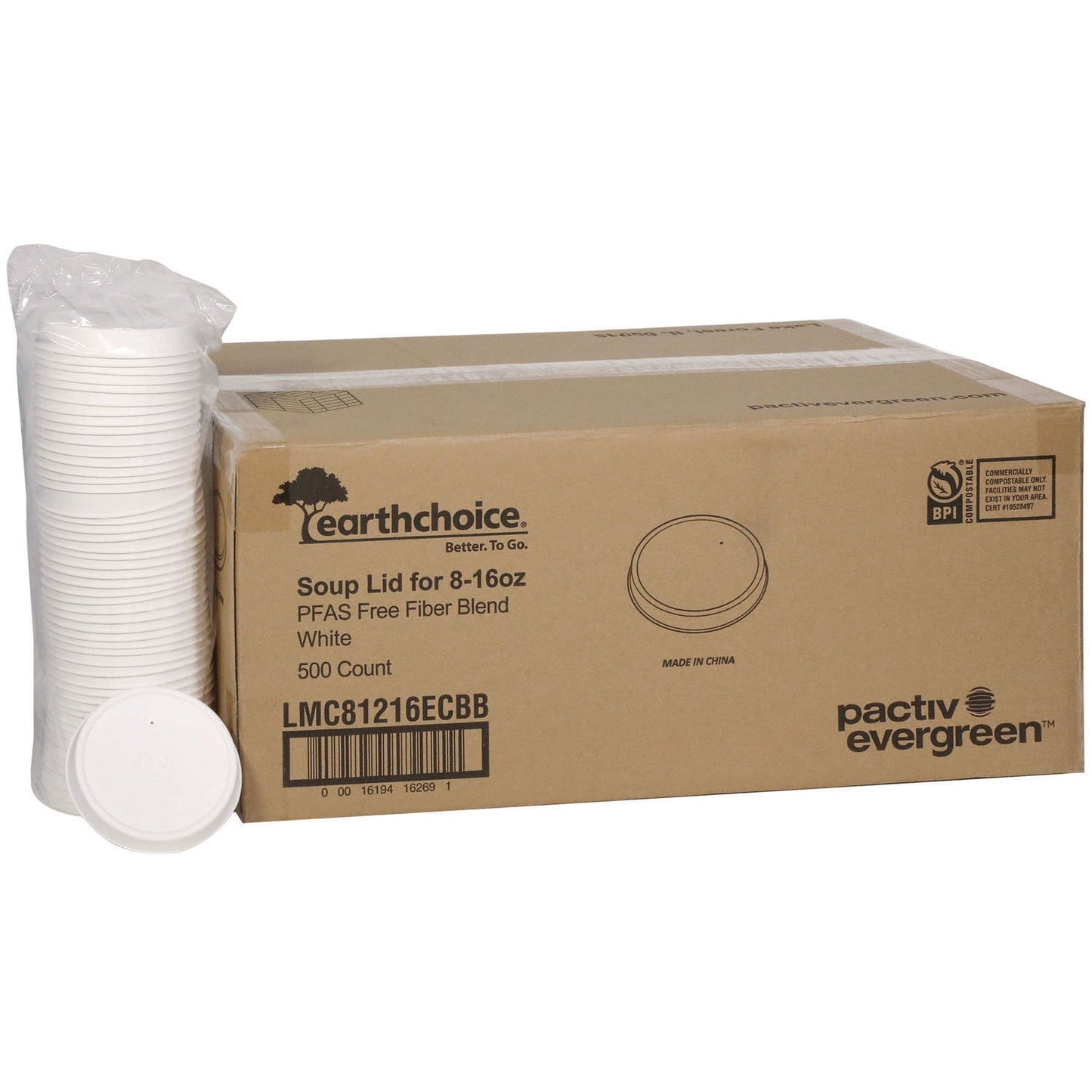 Pactiv EarthChoice PFAS-Free Compostable Soup Cup Lid, For 8-16 oz Soup Cups, 4" Diameter, White, Sugarcane, 500/Carton (LMC81216ECBB)