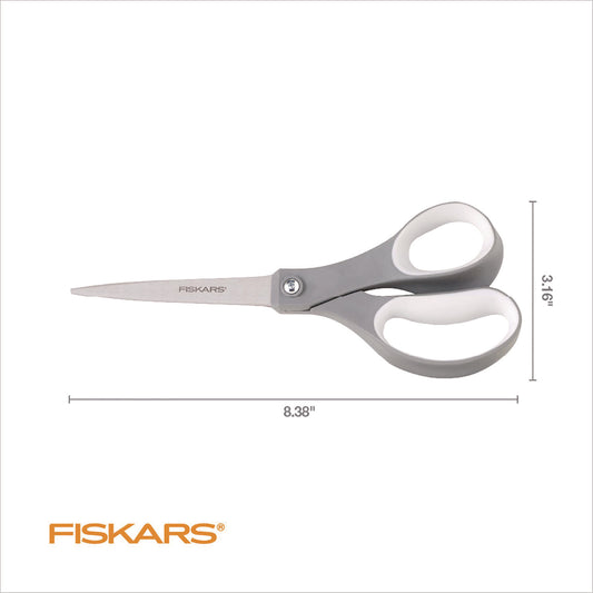 Fiskars Contoured Performance Scissors, 8" Long, 3.13" Cut Length, Straight Gray Softgrip Handle (1160001005)