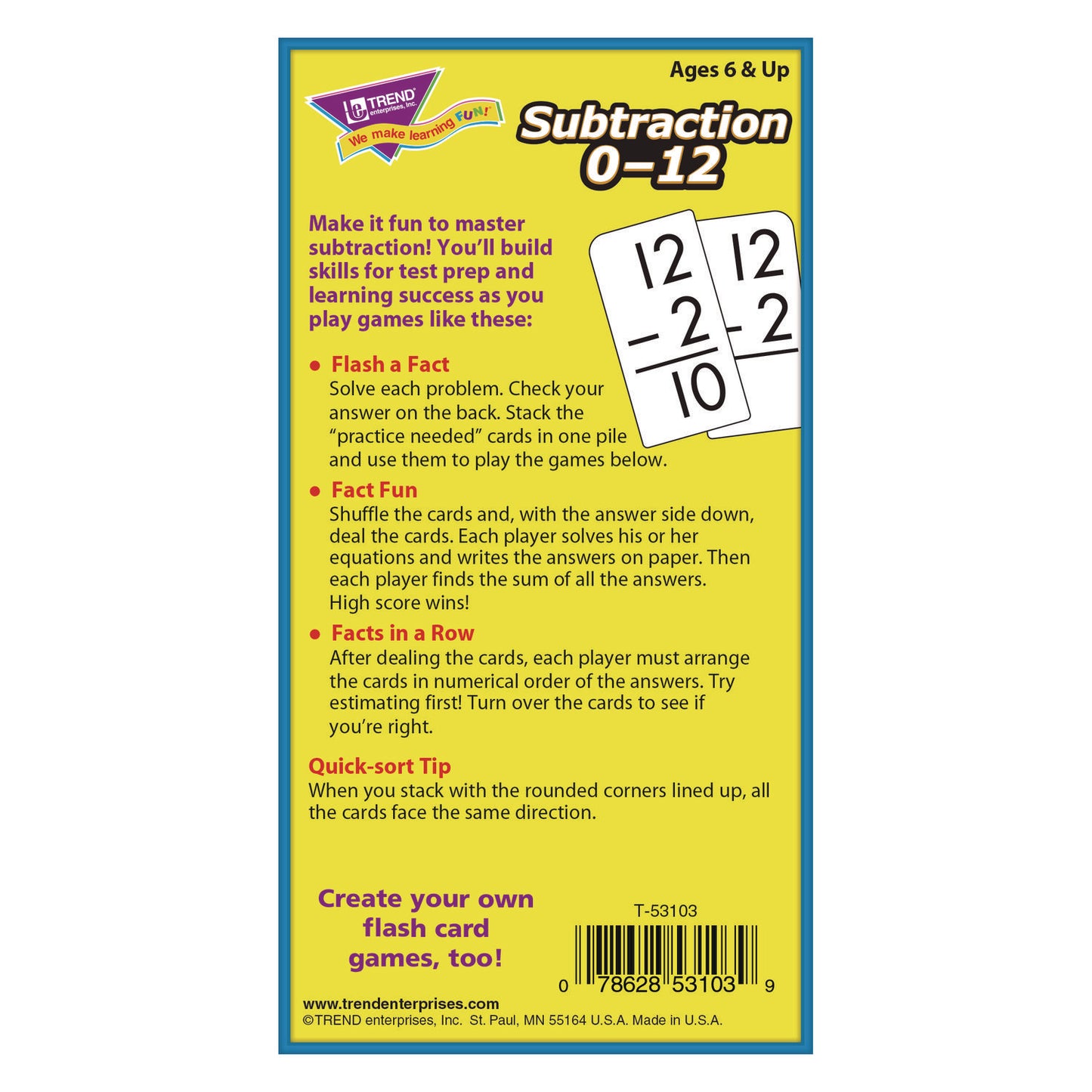 TREND Skill Drill Flash Cards, Subtraction, 3 x 6, Black and White, 91/Pack (T53103)