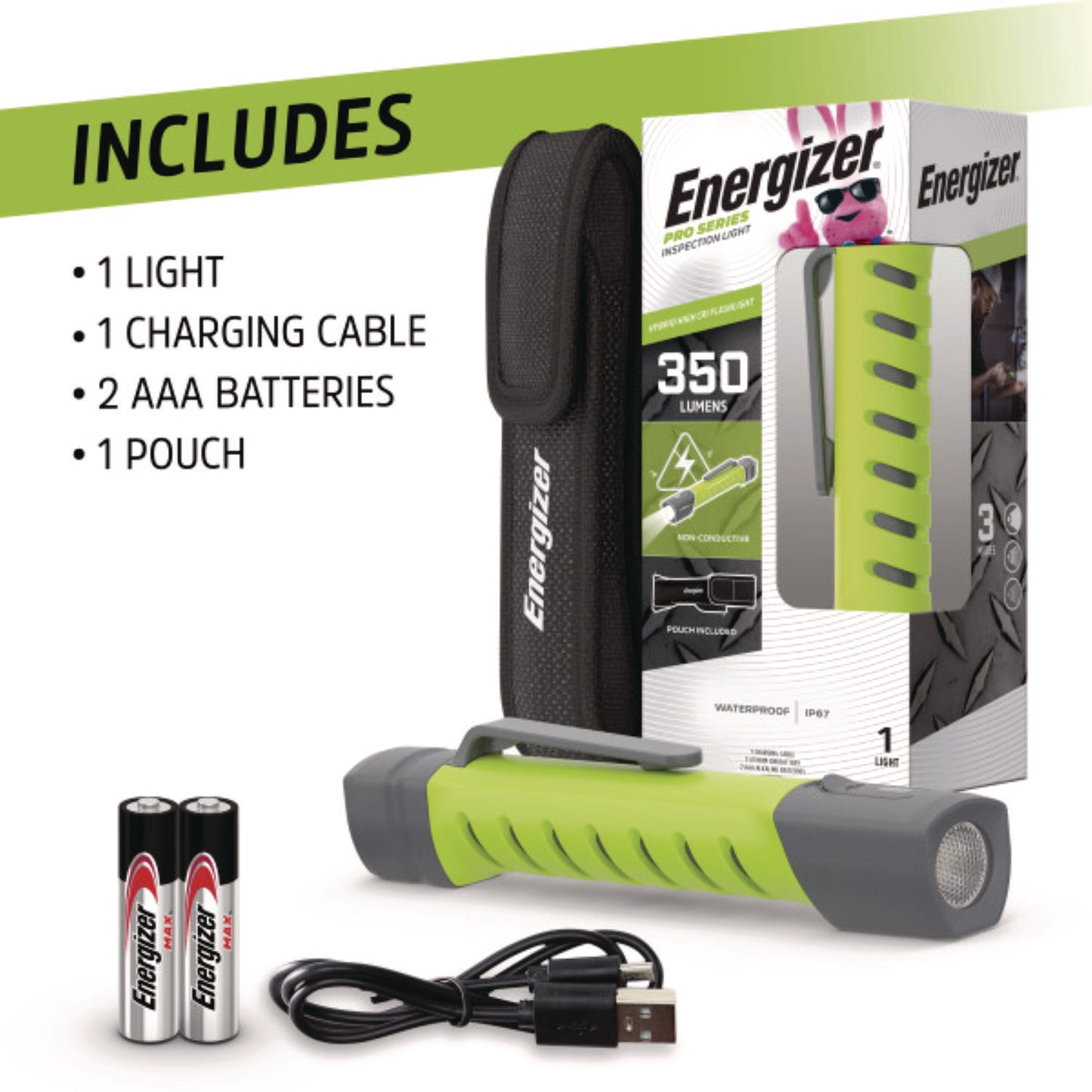 Energizer Pro Series Inspection Light, Rechargeable Lithium Ion/2 AAA Batteries (Included), Gray/Green (ENYPHH22)