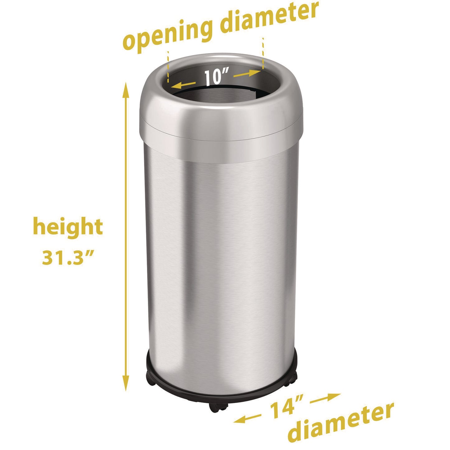 HLS Commercial Open Top Trash Can with Wheels, Round, 16 gal, Plastic/Stainless Steel, Silver (HLS16STRM)