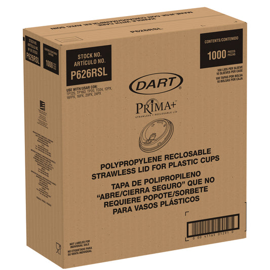 Dart Prima Strawless Plastic Lids, Fits 12 oz to 26 oz Cups, Clear, 100 Lids/Sleeve, 10 Sleeves/Carton (P626RSL)