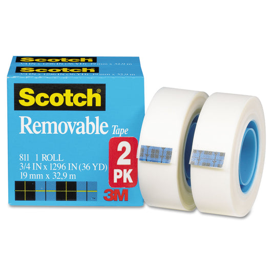 Scotch Removable Tape, 1" Core, 0.75" x 36 yds, Transparent, 2/Pack (8112PK)