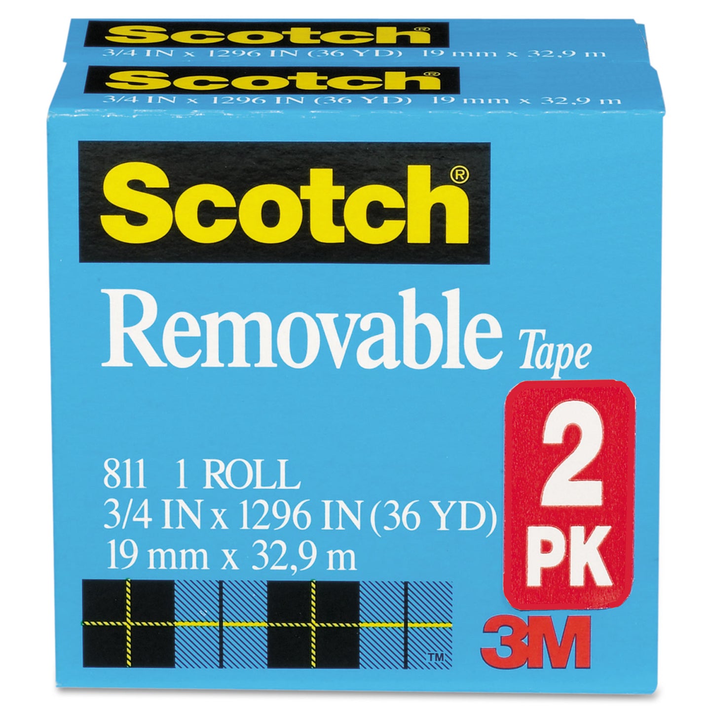 Scotch Removable Tape, 1" Core, 0.75" x 36 yds, Transparent, 2/Pack (8112PK)