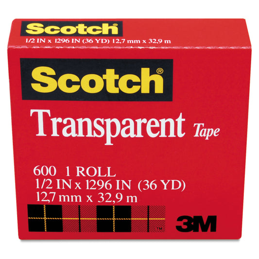 Scotch Transparent Tape, 1" Core, 0.5" x 36 yds, Transparent (600121296)
