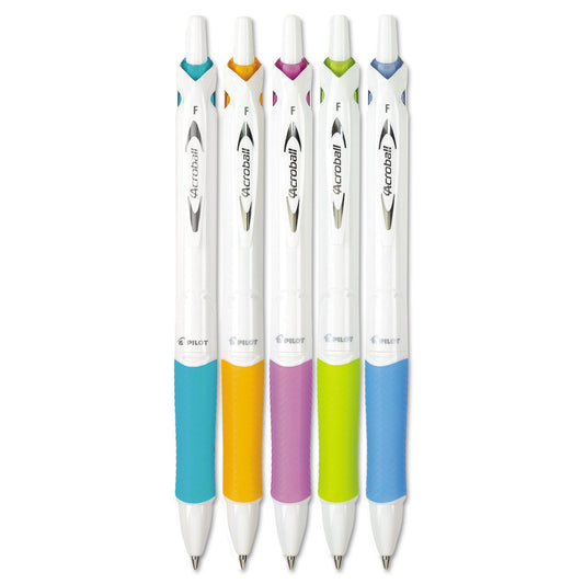 Pilot Acroball PureWhite Advanced Ink Hybrid Gel Pen, Retractable, Fine 0.7 mm, Black Ink, Assorted Barrel Colors, 5/Pack (31861)