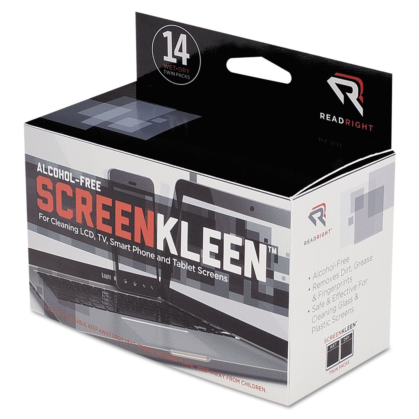 Read Right ScreenKleen Alcohol-Free Wipes, Cloth, 5 x 5, Unscented, 14/Box (RR1291)