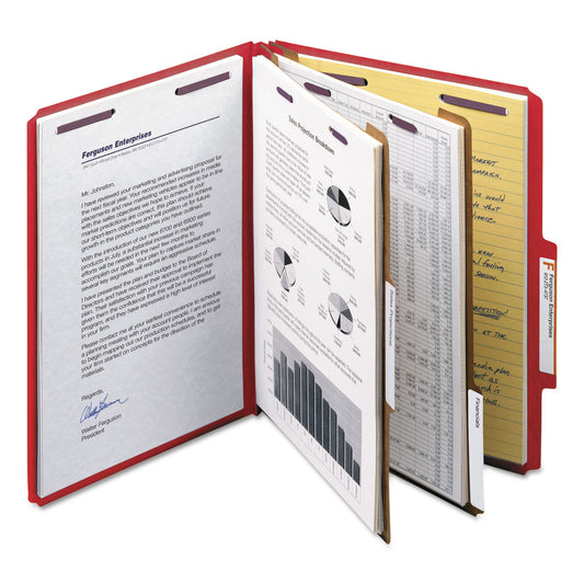 Smead Six-Section Pressboard Top Tab Classification Folders, Six SafeSHIELD Fasteners, 2 Dividers, Letter Size, Bright Red, 10/Box (14031)