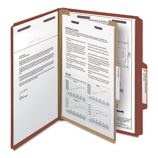 Smead Pressboard Classification Folders, Four SafeSHIELD Fasteners, 2/5-Cut Tabs, 1 Divider, Letter Size, Red, 10/Box (13775)