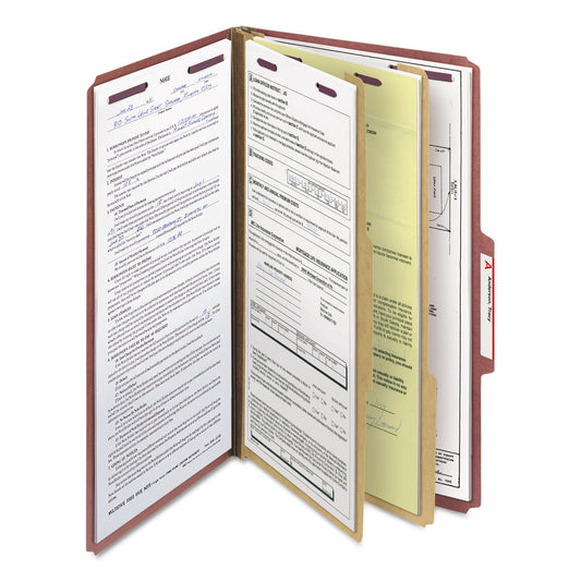 Smead Pressboard Classification Folders, Six SafeSHIELD Fasteners, 2/5-Cut Tabs, 2 Dividers, Legal Size, Red, 10/Box (19075)