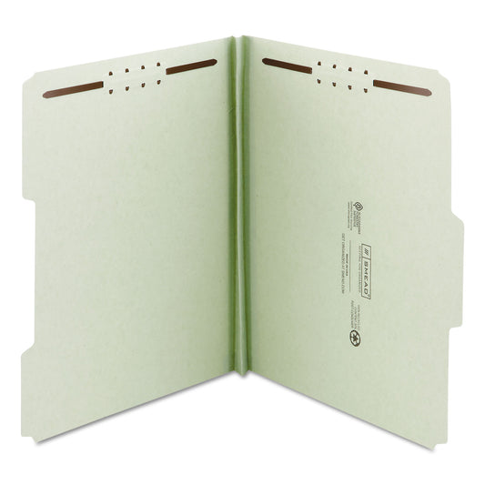 Smead Recycled Pressboard Fastener Folders, 1" Expansion, 2 Fasteners, Legal Size, Gray-Green Exterior, 25/Box (20003)