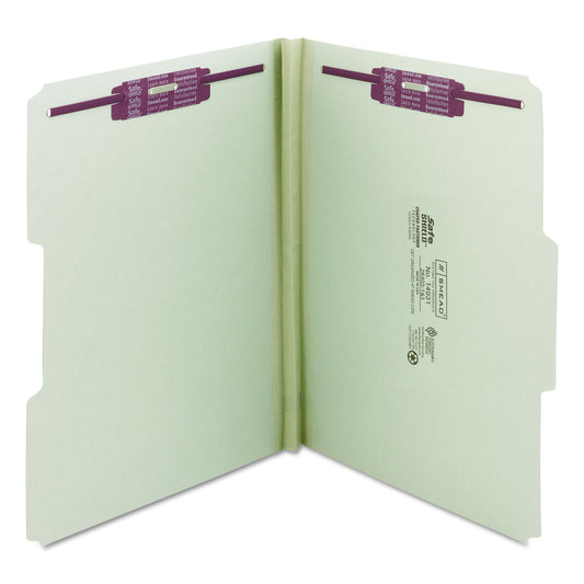 Smead Recycled Pressboard Fastener Folders, 1/3-Cut Tabs, Two SafeSHIELD Fasteners, 1" Expansion, Letter Size, Gray-Green, 25/Box (14931)