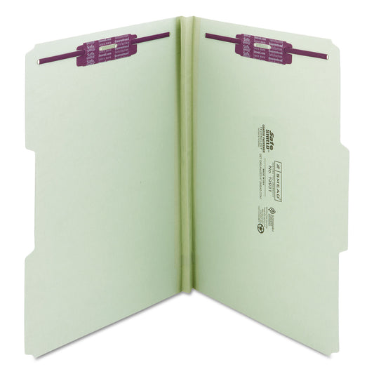 Smead Recycled Pressboard Fastener Folders, 1/3-Cut Tabs, Two SafeSHIELD Fasteners, 1" Expansion, Legal Size, Gray-Green, 25/Box (19931)