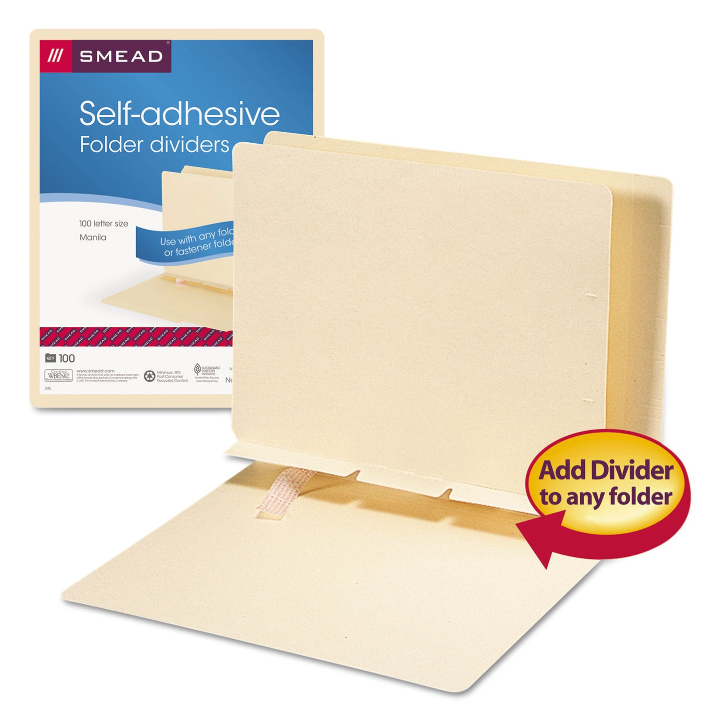 Smead Self-Adhesive Folder Dividers for Top/End Tab Folders, Prepunched for Fasteners, 1 Fastener, Letter Size, Manila, 100/Box (68021)