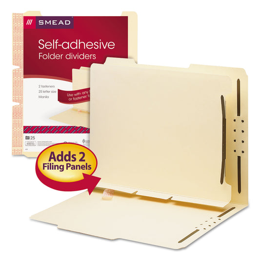 Smead Self-Adhesive Folder Dividers with Twin-Prong Fasteners for Top/End Tab Folders, 1 Fastener, Letter Size, Manila, 25/Pack (68025)