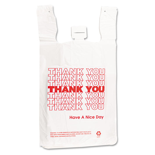 Barnes Paper Company Plastic Thank-You T-Sack, Thank You - Have a Nice Day Labeling, Cut-Out Handles, 4" x 6" x 15", White/Red, 2,000/Carton (6415THYOU)