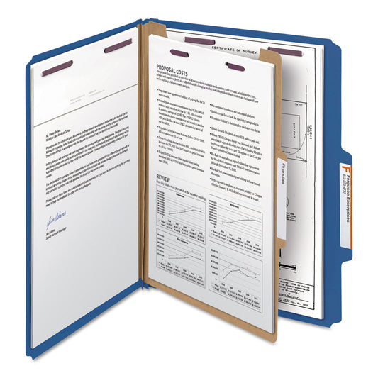 Smead Four-Section Pressboard Top Tab Classification Folders, Four SafeSHIELD Fasteners, 1 Divider, Letter Size, Dark Blue, 10/Box (13732)