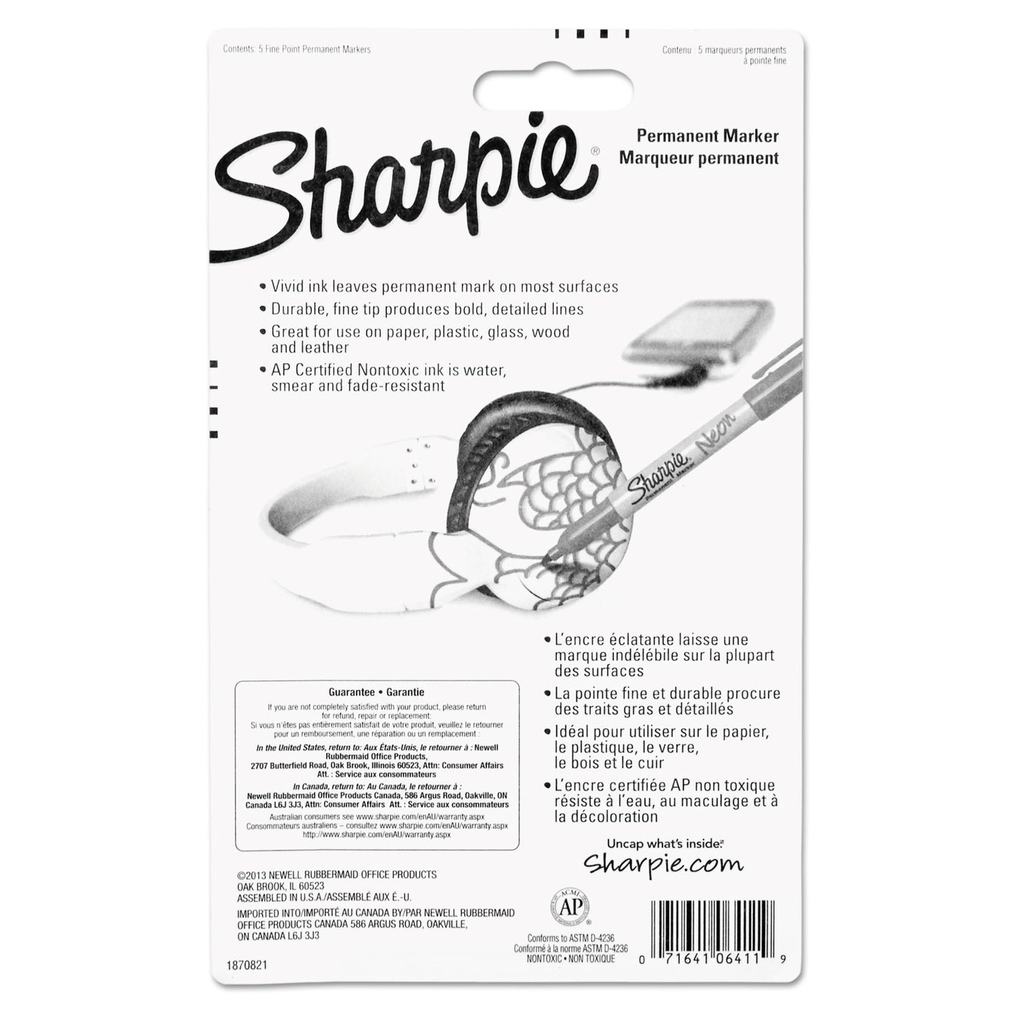 Sharpie Neon Permanent Markers, Fine Bullet Tip, Assorted Colors, 5/Pack (1860443)