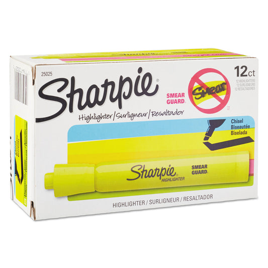 Sharpie Tank Style Highlighters, Fluorescent Yellow Ink, Chisel Tip, Yellow Barrel, Dozen (25025B)