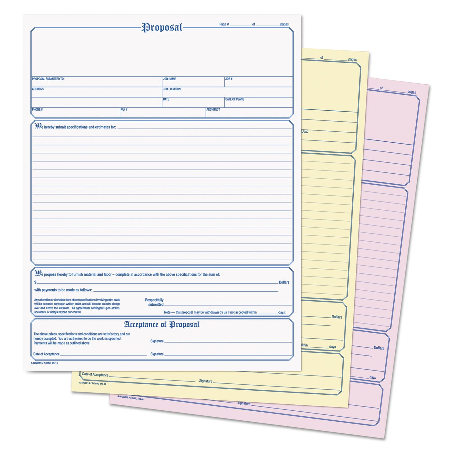 Adams Contractor Proposal Form, Three-Part Carbonless, 8.5 x 11.44, 50 Forms Total (NC3819)