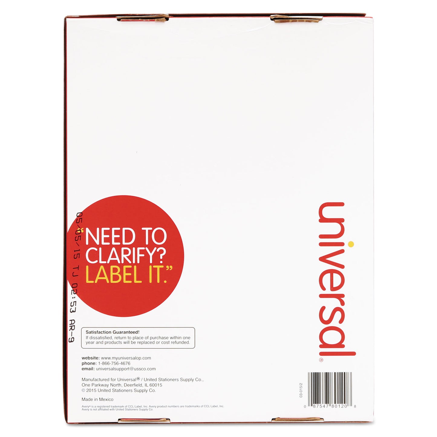 Universal White Labels, Inkjet/Laser Printers, 1 x 2.63, White, 30/Sheet, 250 Sheets/Pack (80120)