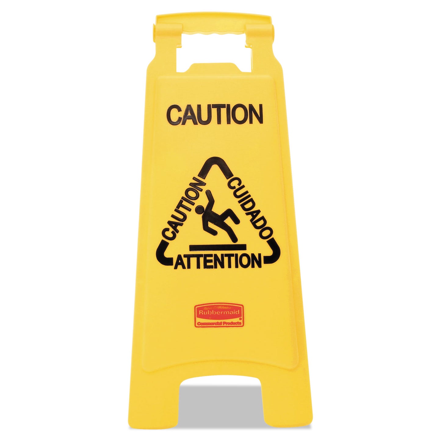 Rubbermaid Commercial Multilingual "Caution" Floor Sign, 11 x 12 x 25, Bright Yellow (611200YW)