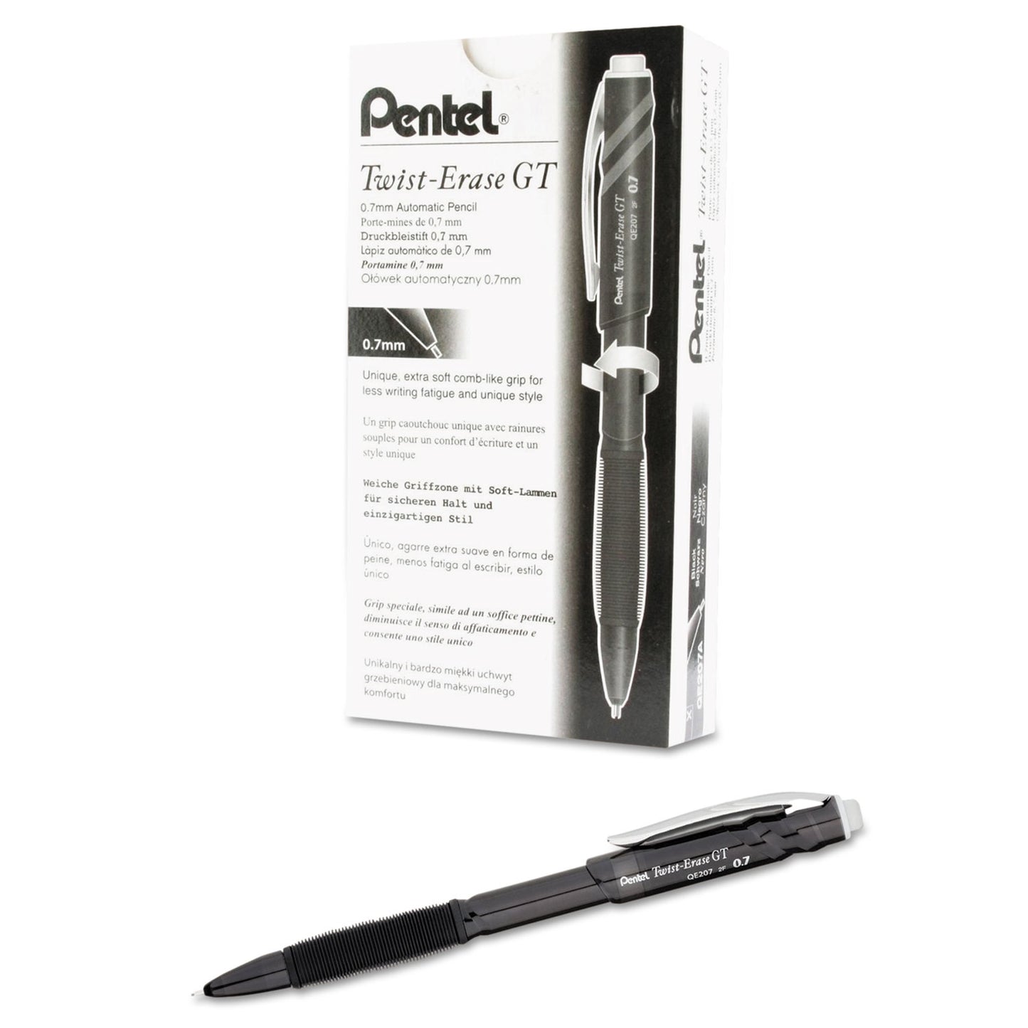 Pentel Twist-Erase GT Pencils, 0.7 mm, HB (#2), Black Lead, Black Barrel (QE207A)