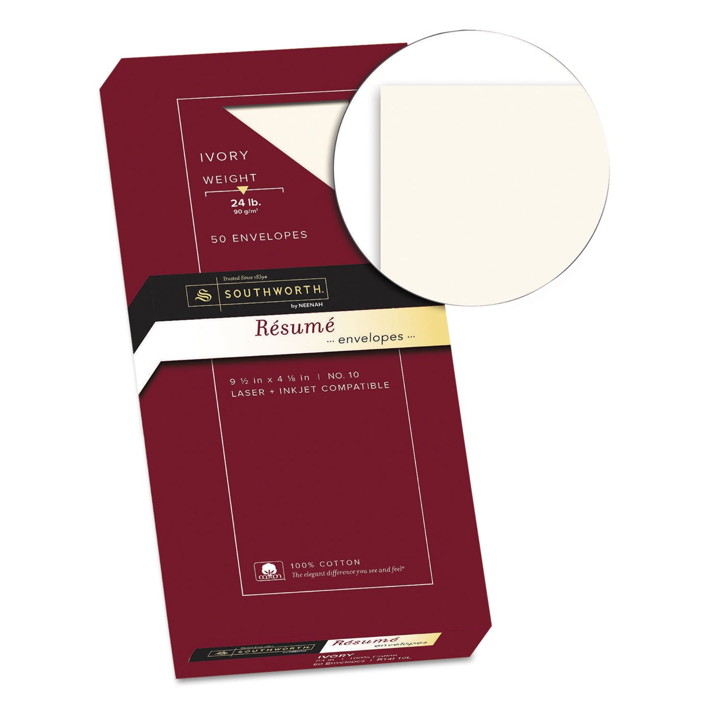 Southworth 100% Cotton Resume Envelope, #10, Commercial Flap, Gummed Closure, 4.13 x 9.5, Ivory, 50/Box (R14I10L)